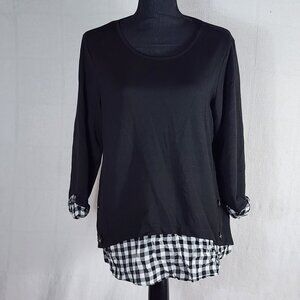 Apt. 9 Black w/Black Check Layer Roll Sleeves Poly Rayon Span Pull Over Top L